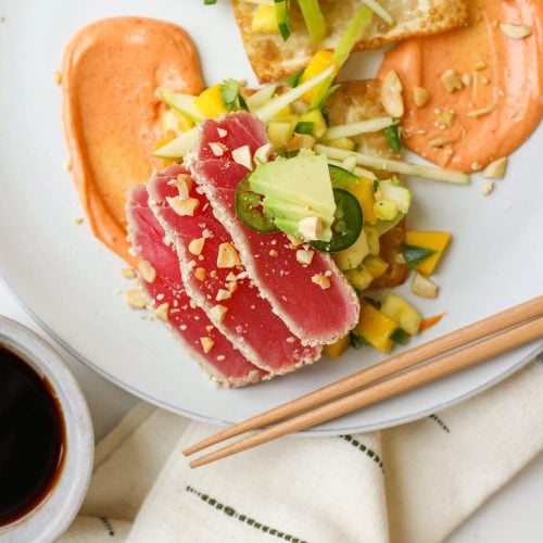 Sesame Encrusted Ahi Tuna Tostadas with Spicy Mango Salsa