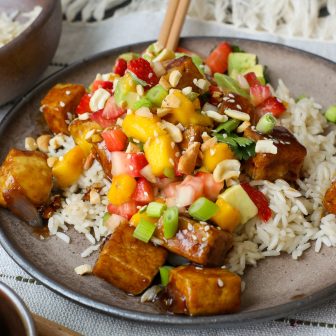 Crispy Tofu with Spicy Brown Sauce and Mango Salsa - Healthyish Foods