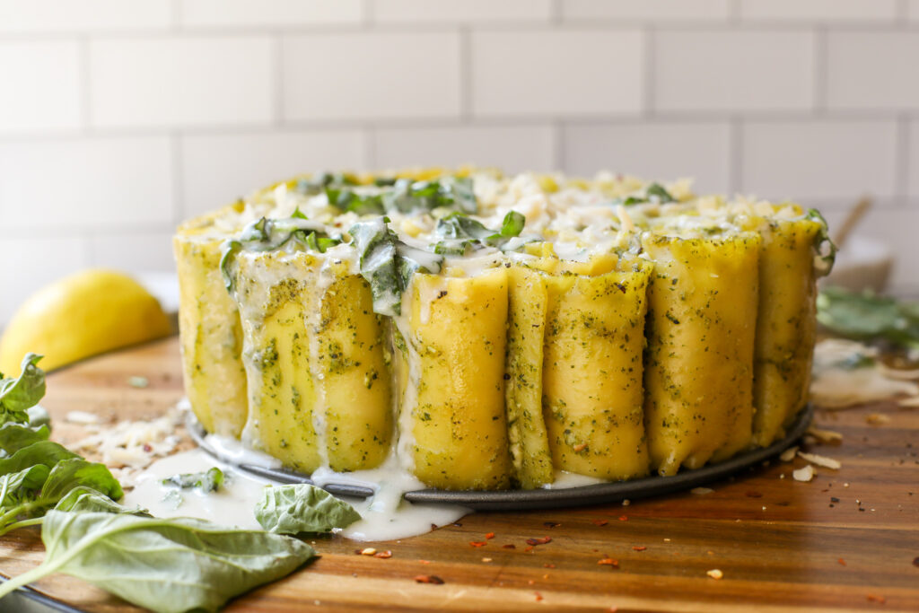 Plant Based Pesto Lasagna Roll-Ups with Ricotta Cheese and Bechamel Sauce - Healthyish Foods