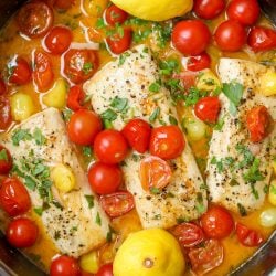 Mahi Mahi with Lemon Butter and Tomatoes in a Pan.