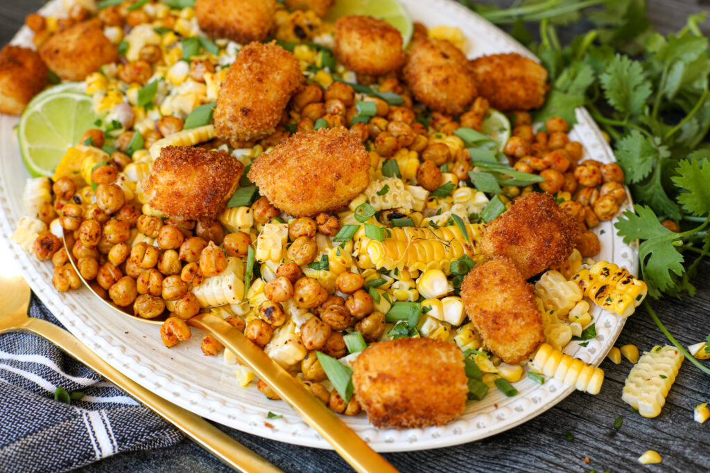 Grilled Corn and Tajin Roasted Chickpea Salad with Halloumi Croutons – Healthyish Foods