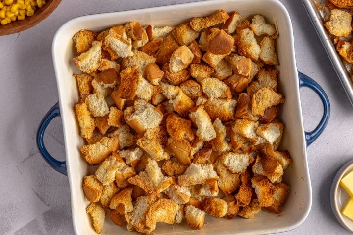 bread cubes in a dish.