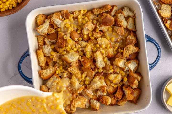add the corn mixture to the bread cubes. 