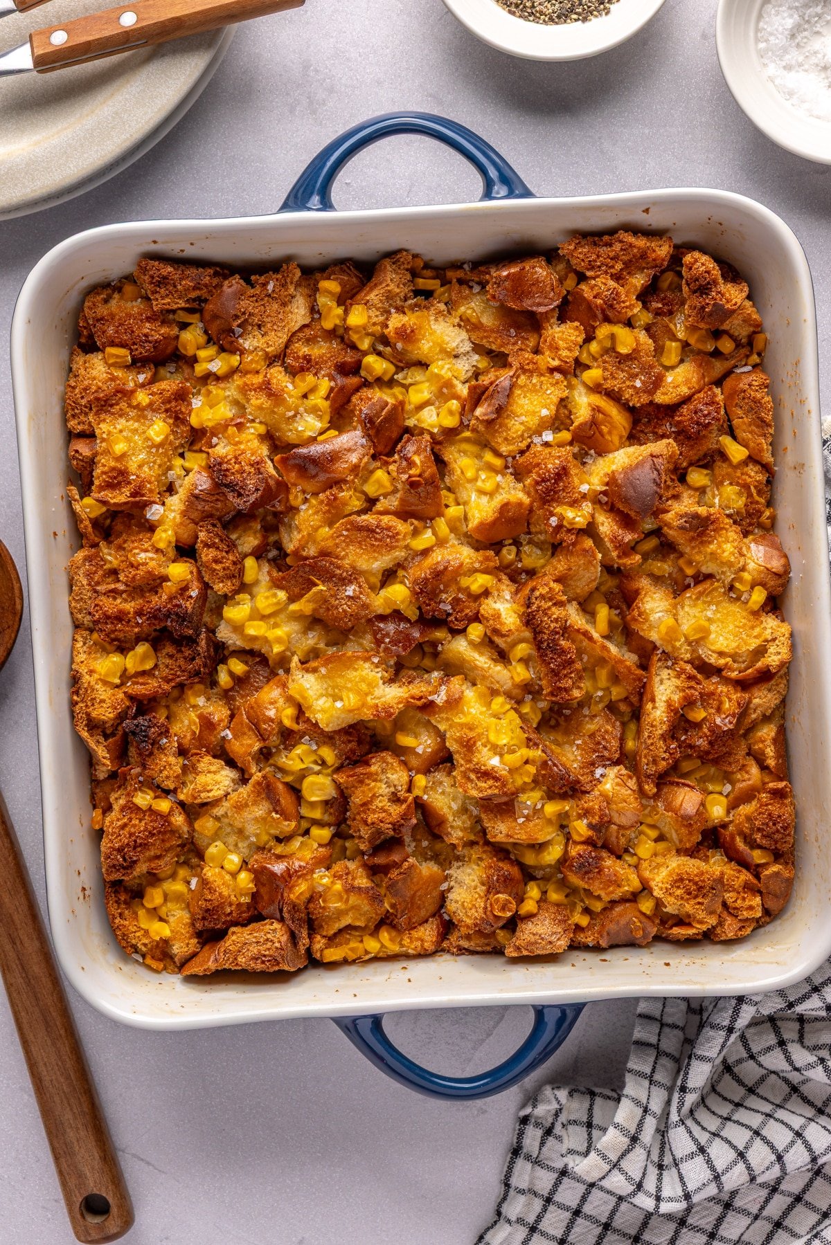 cornbread pudding in a dish. 