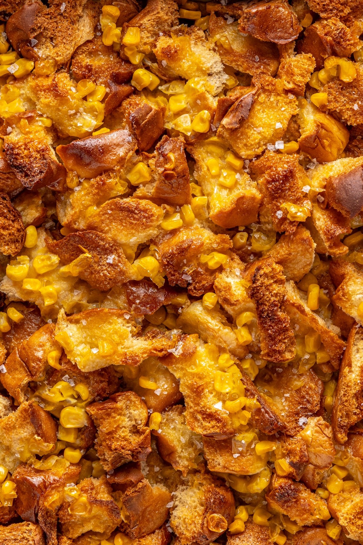 close up image of cornbread pudding. 