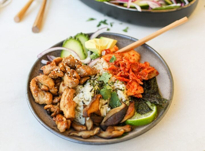 Sticky Chicken Skewer Rice Bowls - Serving Dumplings