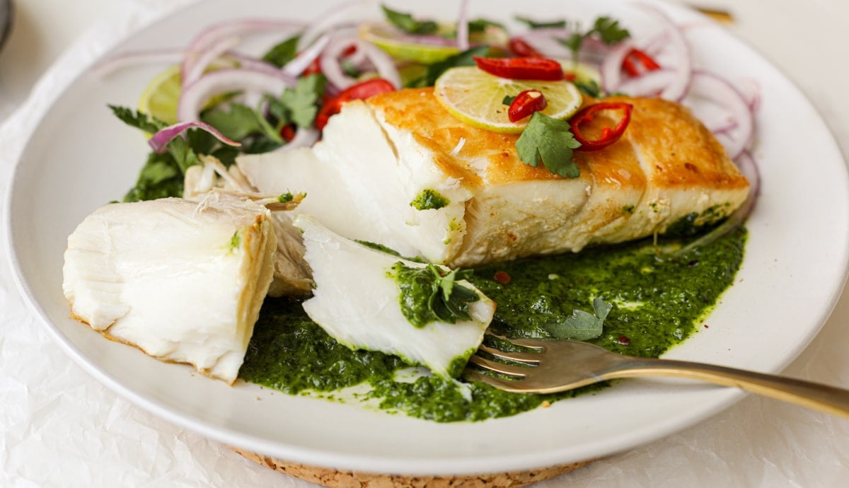 Pan Seared Halibut with Cilantro Lime Sauce