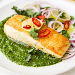 Pan Seared Halibut with Cilantro Lime Sauce