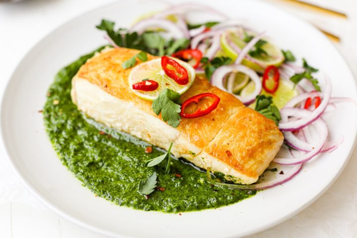 Pan Seared Halibut with Cilantro Lime Sauce