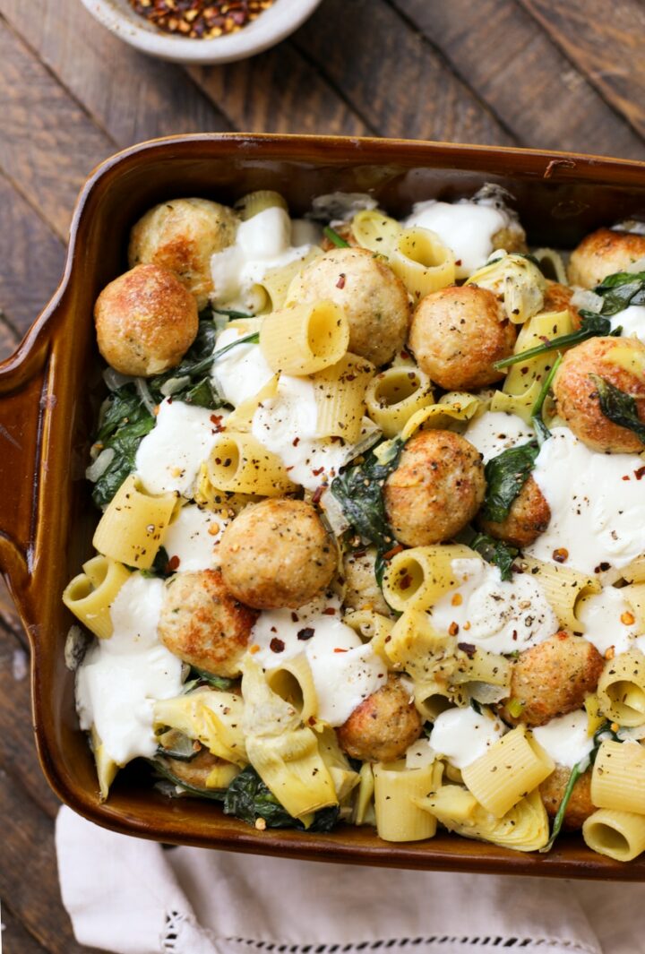 Spinach and Artichoke Bake with Chicken Meatballs – Healthyish Foods