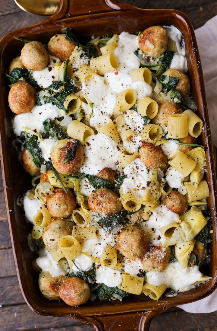 Spinach and Artichoke Bake with Chicken Meatballs – Healthyish Foods