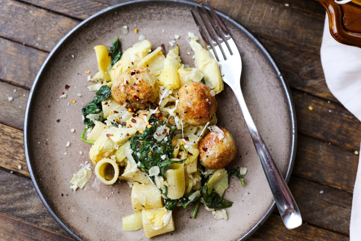 Spinach and Artichoke Bake with Chicken Meatballs – Healthyish Foods