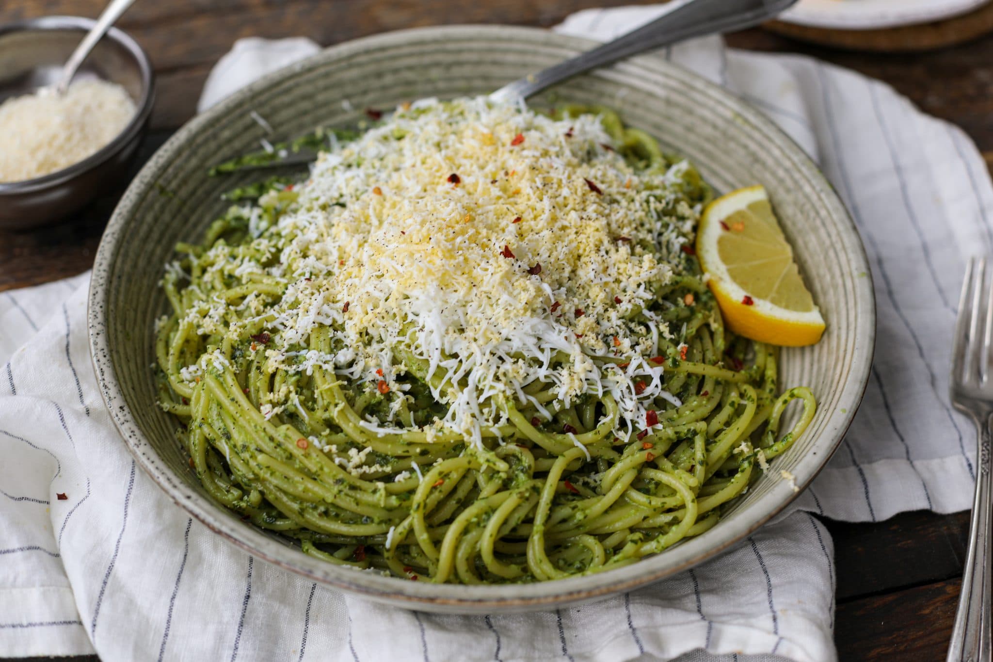 grated egg pesto pasta - healthyish foods