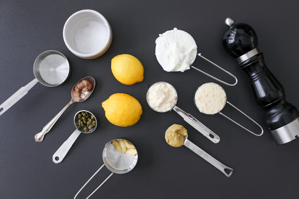 ingredients for lightened up caesar salad dressing. 