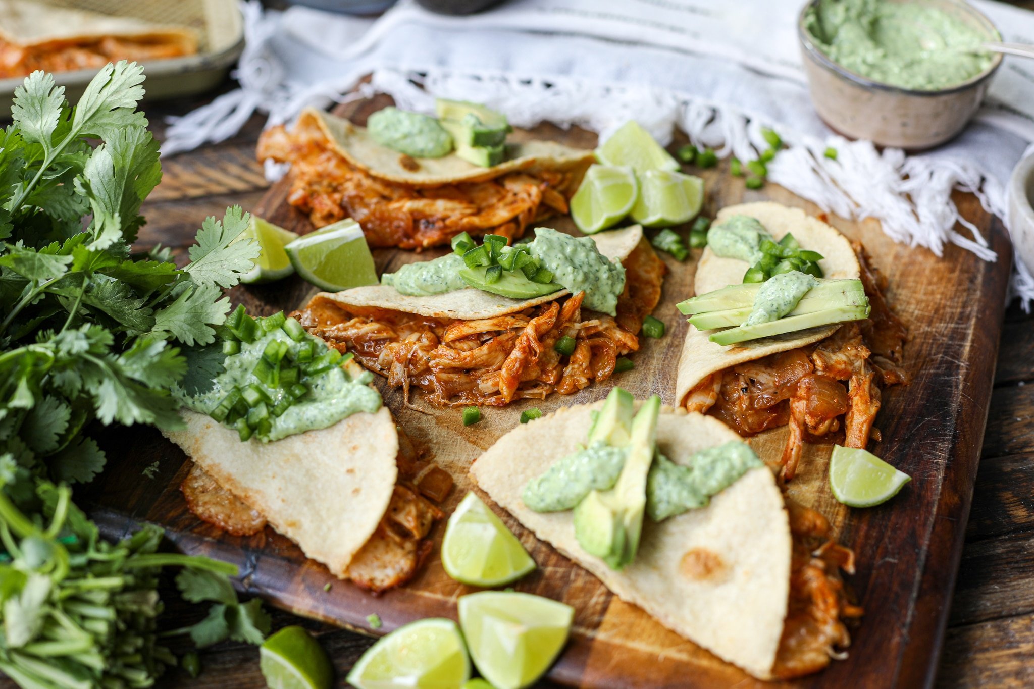 Crispy Chicken Tacos with Avocado Lime Crema – Healthyish Foods