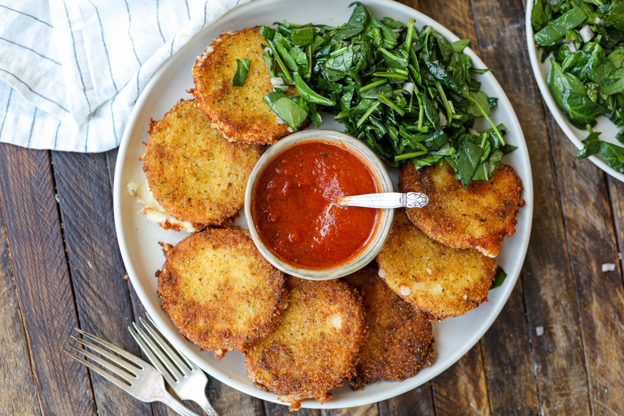 Crispy Fried Mozzarella with Chopped Spinach Salad - healthyish foods