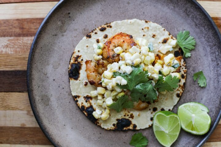 Spicy Shrimp Tacos with Creamy Corn Salad - Healthyish Foods
