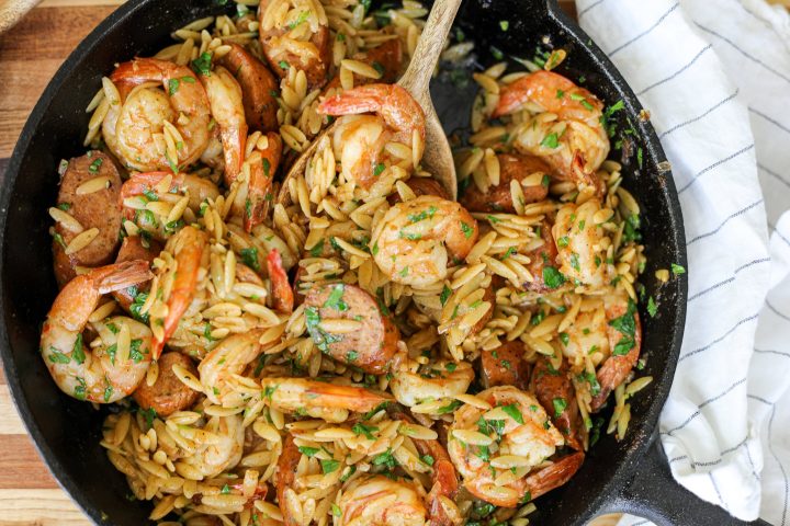 Andouille Chicken Sausage Shrimp and Orzo Pasta – Healthyish Foods
