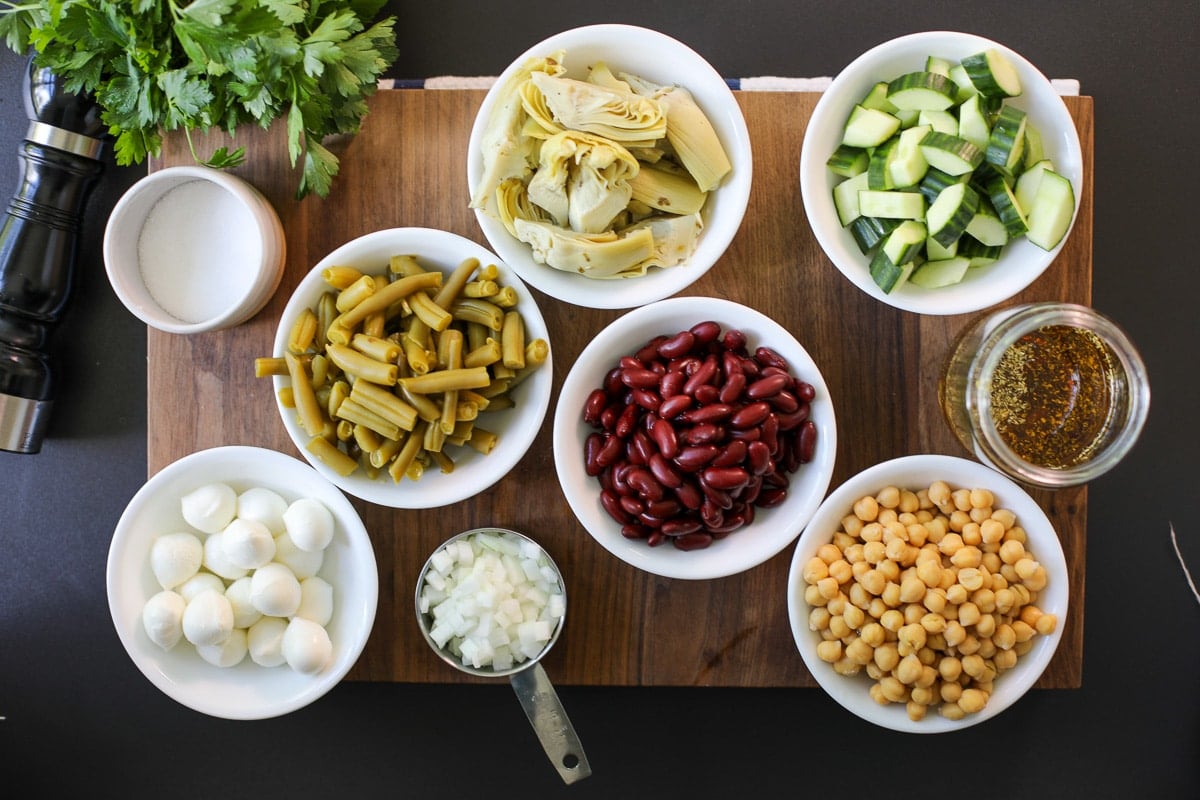 ingredients needed for three bean salad. 