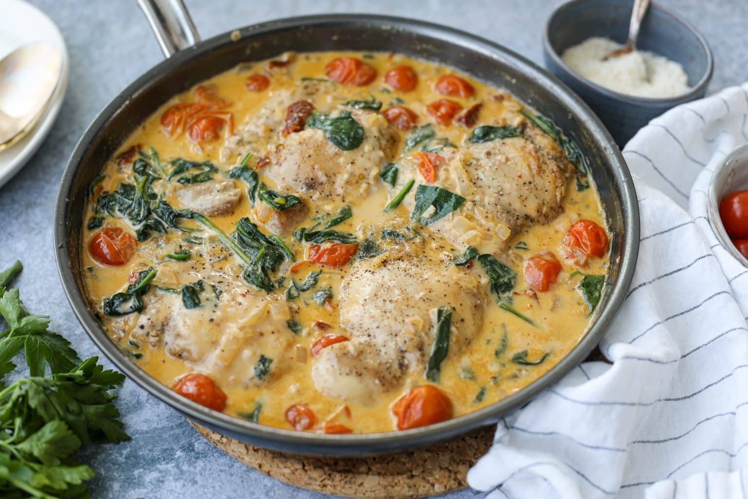 One Pan Tuscan Chicken Thighs - Healthyish Foods