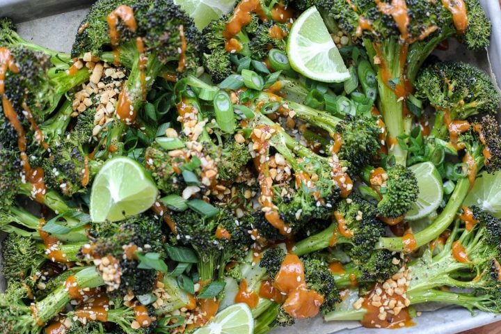 Asian Inspired Roasted Broccoli with Spicy Peanut Sauce - Healthyish Foods