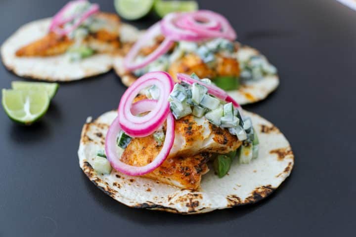 Blackened Fish Tacos with Creamy Cucumber Salad and Pickled Onion – Healthyish Foods