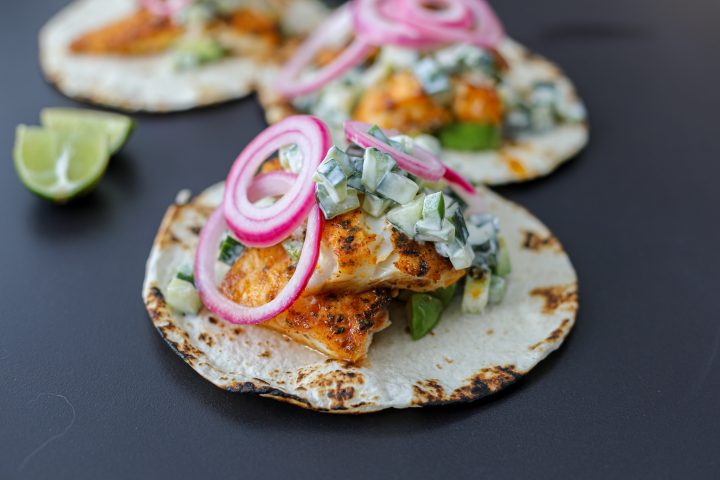 Blackened Fish Tacos with Creamy Cucumber Salad and Pickled Onion – Healthyish Foods