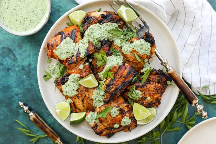 Peruvian Inspired Grilled Chicken Thighs with Green Goddess Dressing – Healthyish Foods