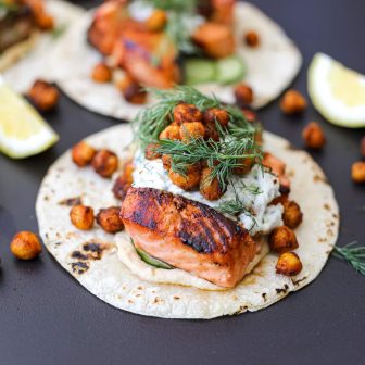 Mediterranean Crispy Salmon Tacos – Healthyish Foods