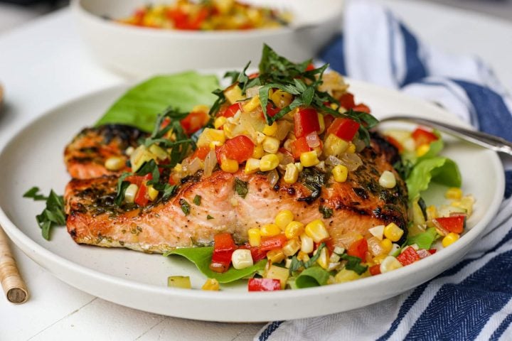 Air Fryer Garlic Dijon Salmon with Sauteed Summer Vegetables – Healthyish Foods