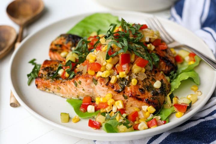 Air Fryer Garlic Dijon Salmon with Sauteed Summer Vegetables – Healthyish Foods