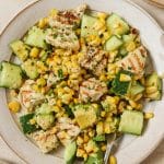Summer chicken salad on a plate.
