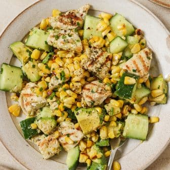 Summer chicken salad on a plate.