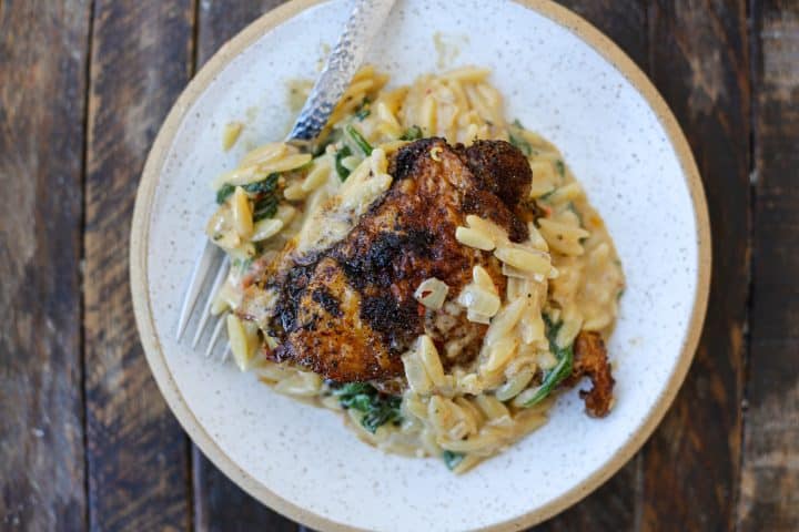 One Skillet Tuscan Chicken Thighs with Orzo – Healthyish Foods