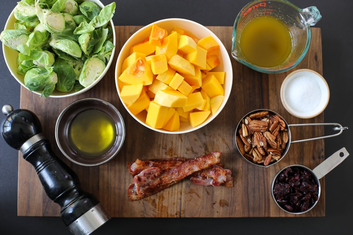 Ingredients needed for Roasted Brussels, Butternut Squash, Pecans, Bacon and Cranberries.