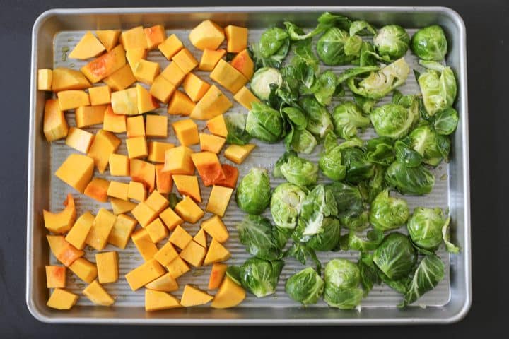 vegetables on a sheet tray. 