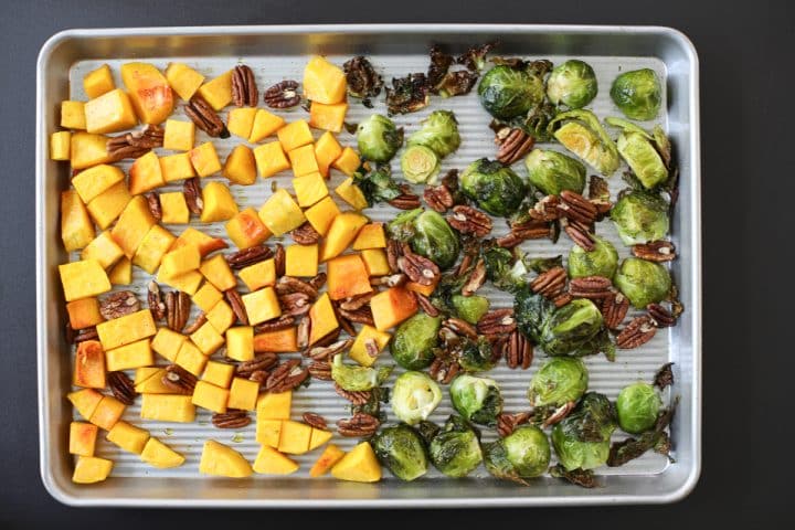 toasted squash and Brussels on a sheet tray. 