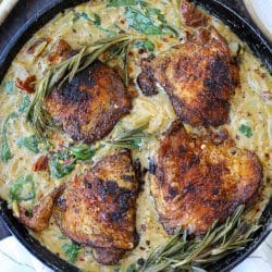 One Skillet Tuscan Chicken Thighs with Orzo – Healthyish Foods