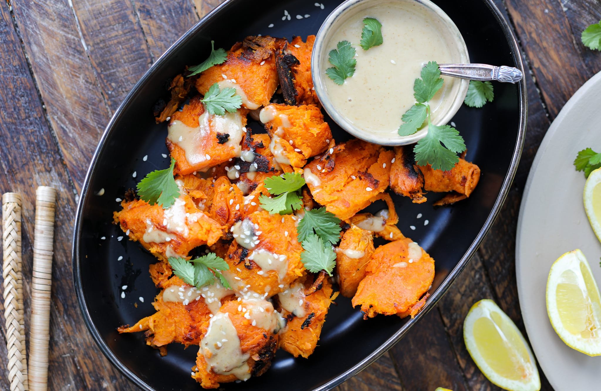 Crispy Sweet Potatoes with Spiced Tahini Dressing – Healthyish Foods