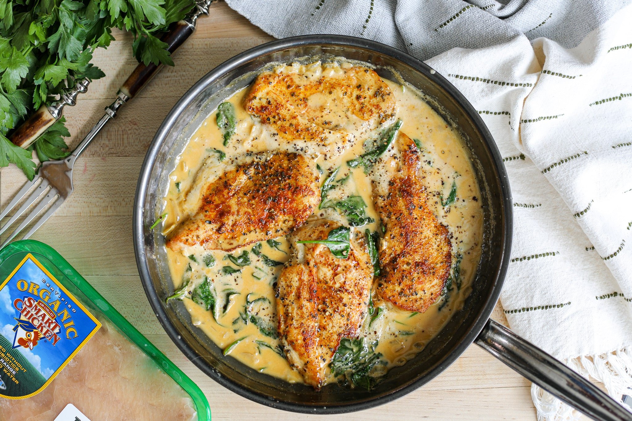 overhead shot - One Pan Blackened Chicken Alfredo - Healthyish Foods