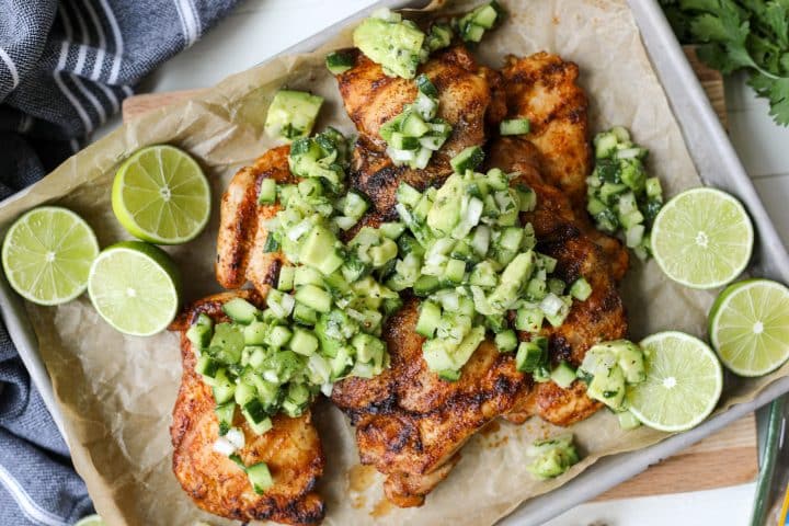 Beauty shot - Blackened Grilled Chicken Thighs with Avocado Cucumber Salad – Healthyish Foods