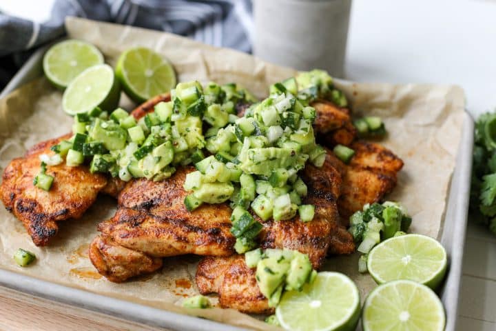 finished beauty shot - Blackened Grilled Chicken Thighs with Avocado Cucumber Salad – Healthyish Foods