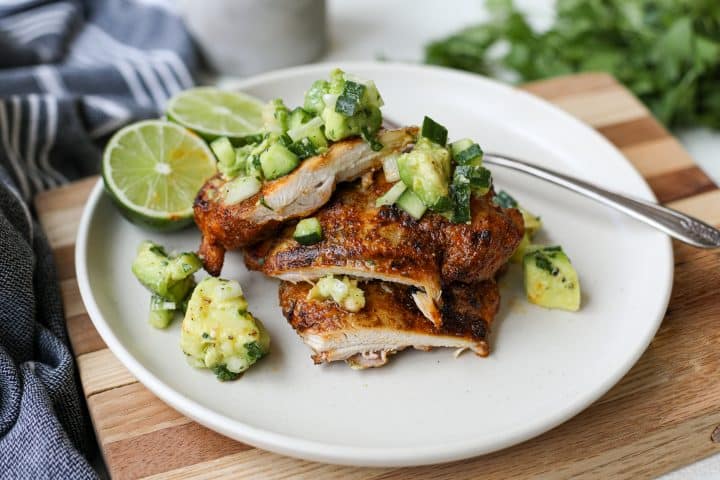 sliced chicken image - Blackened Grilled Chicken Thighs with Avocado Cucumber Salad – Healthyish Foods
