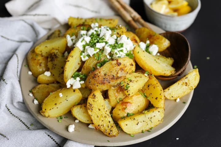 Side angle image - Greek Lemon Potatoes (twice baked) – Healthyish Foods