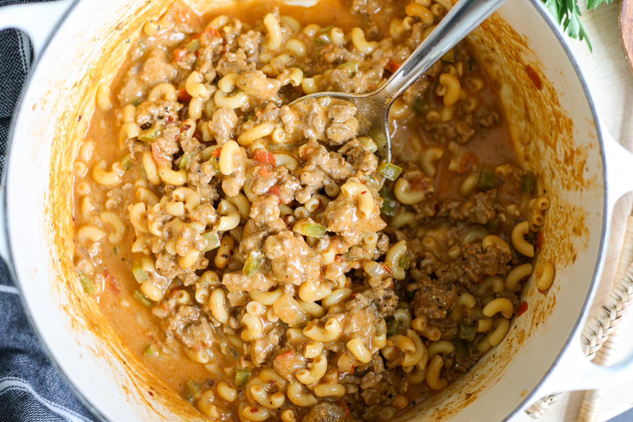 Overhead beauty shot of homemade hamburger helper