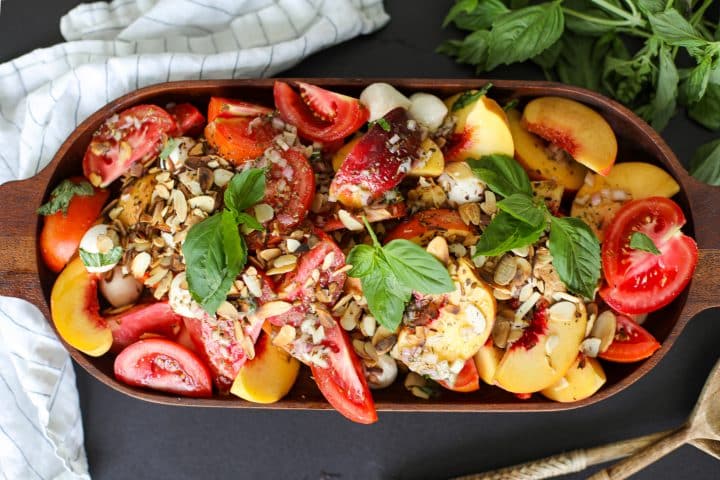 flatlay of the salad image -Peach and Tomato Salad Recipe – Healthyish Foods