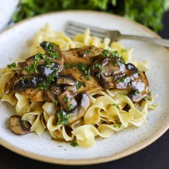 Skillet chicken with mushroom gravy over egg noodles.