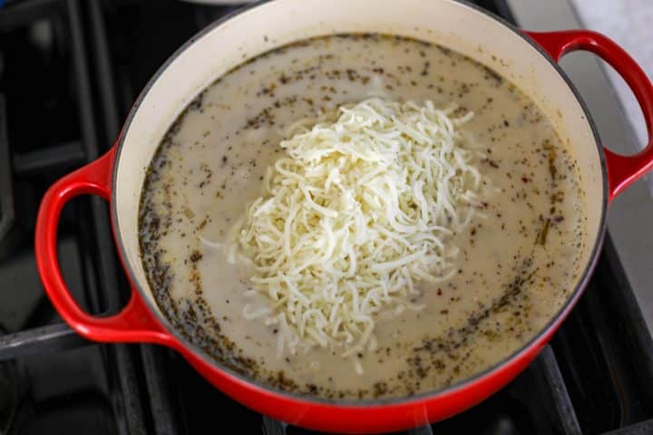 shredded mozzarella cheese in soup.