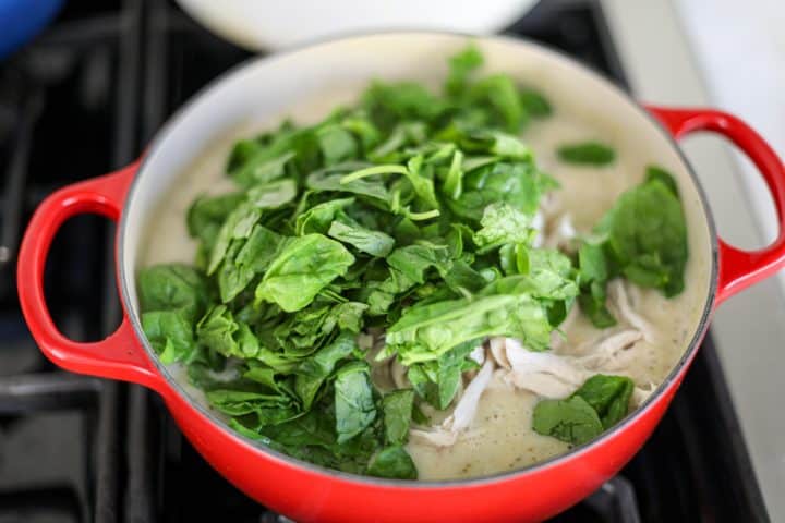 baby spinach and shredded chicken in soup pot.