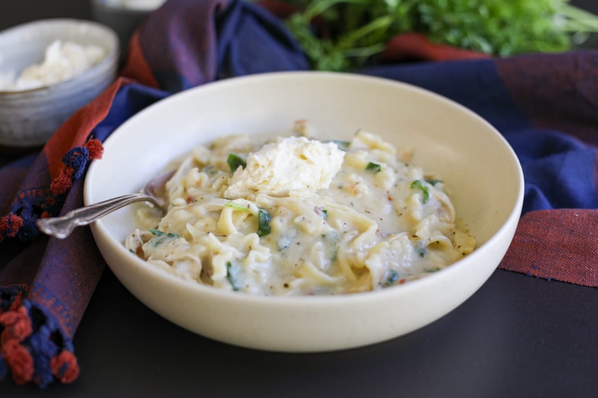 lasagna soup in a bowl.